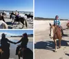 A group of people are horseback riding along a beach with a pier in the background