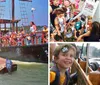 A group of people enjoy a boat ride on a miniature pirate ship flying a Jolly Roger flag