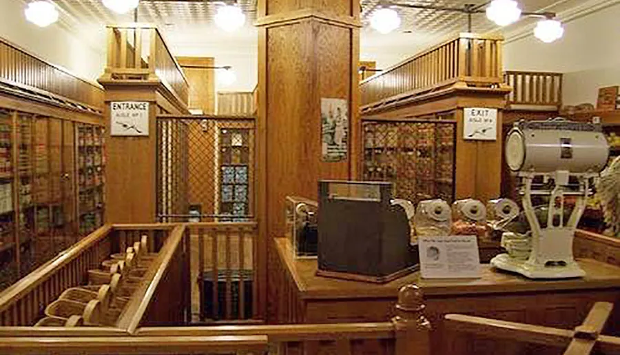 This image shows an interior view of an old-fashioned store, with wooden bins filled with various goods, and antique-style equipment, possibly a vintage optometrist's examination area or an apothecary setup.