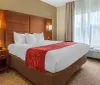The image shows a neatly made king-sized bed with a red accent runner in a well-lit contemporary hotel room