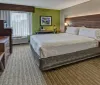The image shows a neatly arranged hotel room with a large bed a desk area green walls and contemporary dcor
