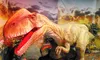 A lifelike dinosaur model is displayed against a backdrop of a dramatic, colorful sky.