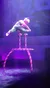 A performer is captured mid-air above a candy cane-striped prop in a dynamic stage act with a wintery backdrop.