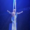 A performer is suspended in mid-air, wrapped in aerial silks against a starry backdrop, exuding an aura of triumph and grace.