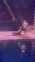 A person is interacting with a sea lion on a stage near a pool in a dimly lit setting.
