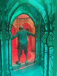 A person is navigating through an elaborately decorated, colorful mirror maze.