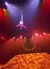 An acrobat performs an aerial act suspended high in the air, surrounded by colorful stage lights.