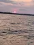 The image captures a serene sunset over a body of water with the sun appearing as a bright orb close to the horizon, casting a warm glow on the rippling waves.