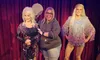 A person is posing with two lifelike wax figures of celebrities on a stage with a red curtain backdrop.