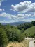 The image showcases a serene landscape with a winding road amidst lush greenery leading towards a town nestled in the foothills of a mountain range under a partly cloudy sky.