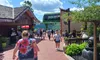 The image shows a sunny day at a bustling tourist attraction with people walking, shops lining the street, and a clear blue sky overhead.