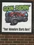 The image is a sign featuring a stylized off-road vehicle with the text