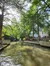 The image shows a serene urban river walk flanked by lush green trees, with sunlight filtering through the foliage.