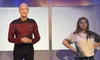 Two individuals are striking playful poses alongside a lifelike figure dressed in a Starfleet uniform, reminiscent of a character from the Star Trek franchise.