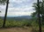 The image showcases a lush, rolling mountain landscape viewed from a forested area under a cloudy sky.