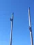 Two individuals are scaling tall poles against a clear blue sky.