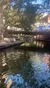 The image shows a tranquil urban riverwalk scene with dappled sunlight filtering through trees, reflecting off the water and a bridge in the background, with some people visible walking alongside the river.
