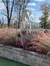 A statue of a rearing horse is surrounded by red flowers and pink grasses in a landscaped area with trees and a blue sky with clouds in the background.
