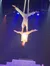 An acrobat performs an aerial maneuver using fabric silks against a starry backdrop on stage.