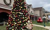 A person is posing in front of a towering outdoor Christmas tree festooned with oversized red, gold, and silver ornaments, set against a backdrop of buildings adorned with holiday wreaths and decorations.