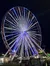A brightly lit Ferris wheel illuminates the night sky at an amusement park.