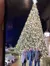 Three people are standing in front of a large, decorated Christmas tree at night.