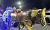 A horse pulls a carriage with bright lights, driven by someone dressed as the Grinch at night.