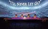 The image shows a model of the Titanic with an ocean backdrop and the phrase