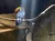 A toucan with a vibrant orange beak is perched on a branch in a dimly lit enclosure.