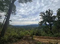 A scenic view of a lush green forested landscape under a cloudy sky.