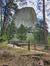 A monumental rock formation towers above a forested area with a wooden fence and path in the foreground.