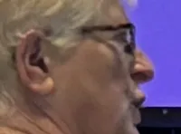 The image shows an interior view of a theater with a large screen displaying the 