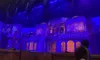 The image depicts a stage set with an ornate architectural design, illuminated in blue and purple lights, with people visible in the foreground.