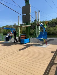 The image shows a zip line platform with a person assisting someone in a seated harness and another empty harness nearby, surrounded by trees under a clear blue sky.