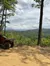 A red ATV is parked on a dirt clearing with trees, overlooking a lush, green mountainous landscape under a cloudy sky.