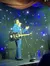 A performer in a blue sequined outfit is singing and playing a black guitar on stage, with a backdrop of twinkling lights.