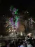 A crowd gathers at night by a river, admiring a large tree illuminated with green and purple lights near a building.