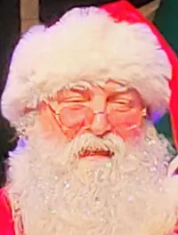 A person dressed as Santa Claus stands on a festive stage, holding a large red sack in front of a green Christmas tree backdrop.