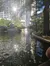 A peaceful riverside scene featuring a reflective water surface, tree-lined banks, a bridge with a statue, and tall buildings in the background.