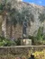 A statue of a robed figure stands in front of a stone wall surrounded by palm trees and greenery.