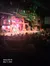 The image shows an indoor theater stage with a rustic, treehouse-like set, where performers are entertaining an audience seated around tables.