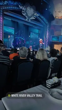 A lively stage performance is taking place in front of an audience at a venue with a decorative backdrop and the logo 