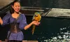 A woman stands smiling on a stage by the water, holding a colorful parrot on her arm.