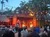 An audience is watching a group of dancers performing on an outdoor stage decorated with string lights and surrounded by palm trees.