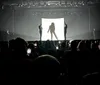 A performer in a glittery outfit sings energetically on stage under dramatic lighting, with an audience watching from below.