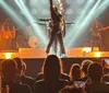 A performer in a glittery outfit sings energetically on stage under dramatic lighting, with an audience watching from below.