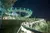 The image shows a roller coaster track with teal lights at nighttime, surrounded by trees and a starry sky.