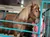 A large horse with a light mane stands in a stable next to a person wearing a pink shirt.