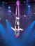 Two aerial performers are executing a dramatic upside-down maneuver while suspended from a trapeze against a backdrop of stage lights.