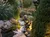 A serene garden setting at sunset features a small stream flowing through rocks surrounded by lush greenery.